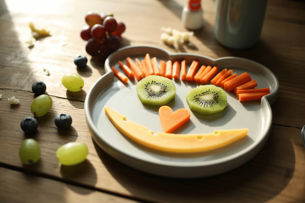 A playful children's meal is arranged on a bear-shaped plate to resemble a smiling face. Two slices of kiwi serve as eyes, a heart-shaped carrot slice forms the nose, a curved slice of cheese creates the mouth, and carrot sticks are arranged like spiky hair along the top edge. The plate is set on a wooden table with scattered grapes, blueberries, and bits of cheese around it.